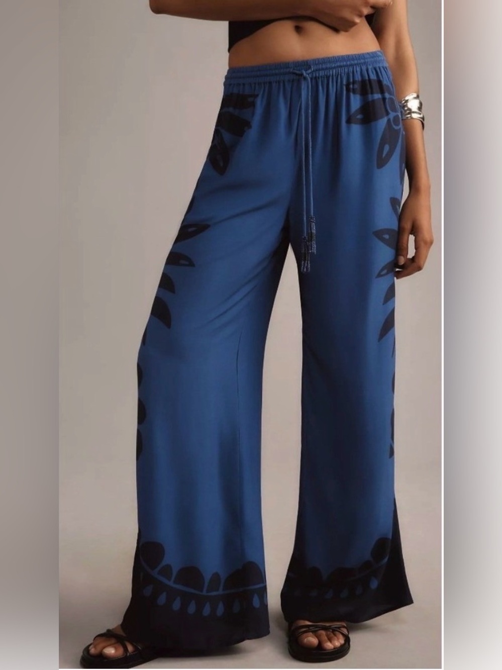 FARM Rio Blue Wide-Leg Printed Pull-On Pants with Black Motif